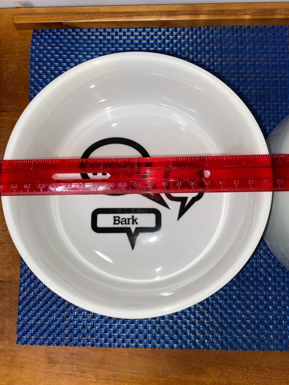 Crate & Barrel dog bowls, Woof, Ruff, Bark black text white bowl, heavy ceramic